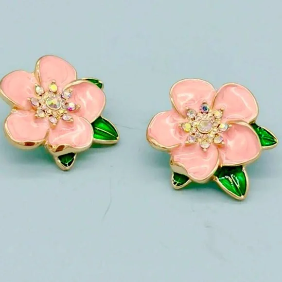 Pink, Orange, Green Glazed, Glossy, Enamel, Crystal Flower Shaped Stud Earrings - Picture 4 of 6